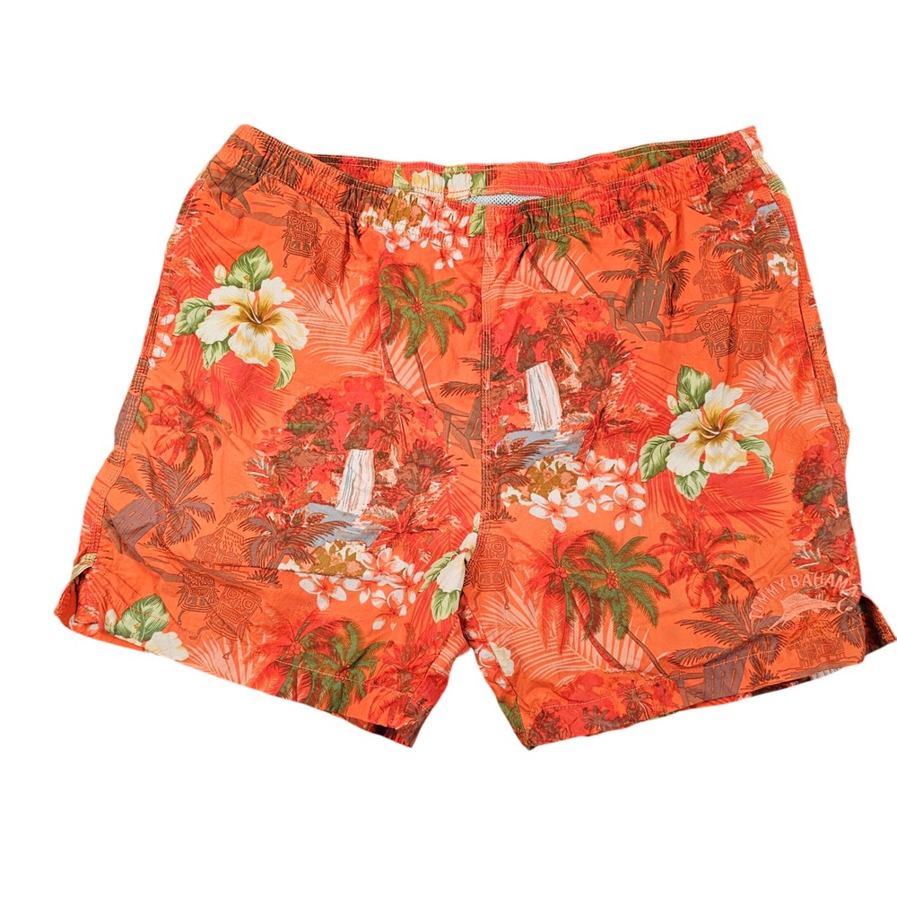 Tommy Bahama‎ Mens Orange Tropical Tiki Waterfall Print Swim Trunks Size XL